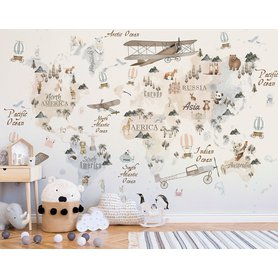 TAPETA NA ZEĎ MAPA SVĚTA ZVÍŘATA LETADLA