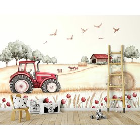 Tapeta na zeď traktor na farmě (červená verze)